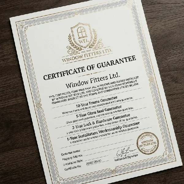 Official Guarantee Certificate issued by Window Fitters Ltd displaying 10-Year Frame, 5-Year Sealed Unit, 1-Year Moving Parts, and 5-Year Conservatory Base coverage tiers