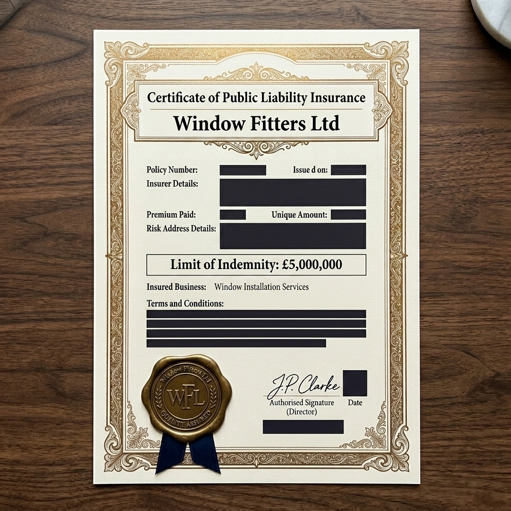 Public Liability Insurance Certificate for Window Fitters Ltd